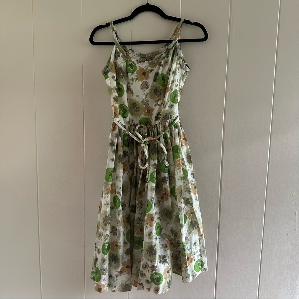 Vintage Green and White Midi Sundress with Spaghetti Straps